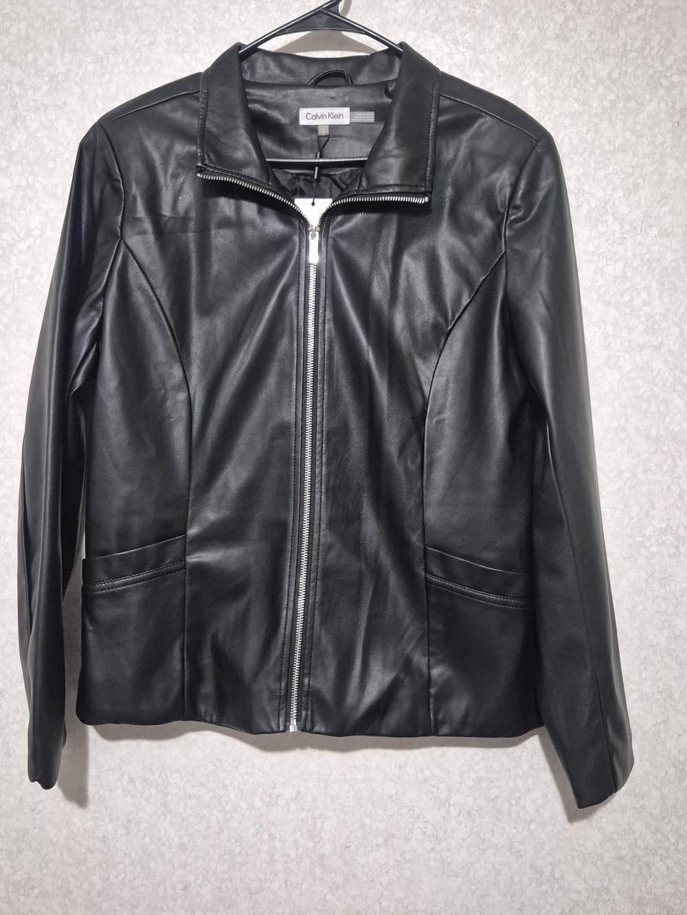 NWT Calvin Klein Women’s Black Faux Leather Zip Jacket-Size:L